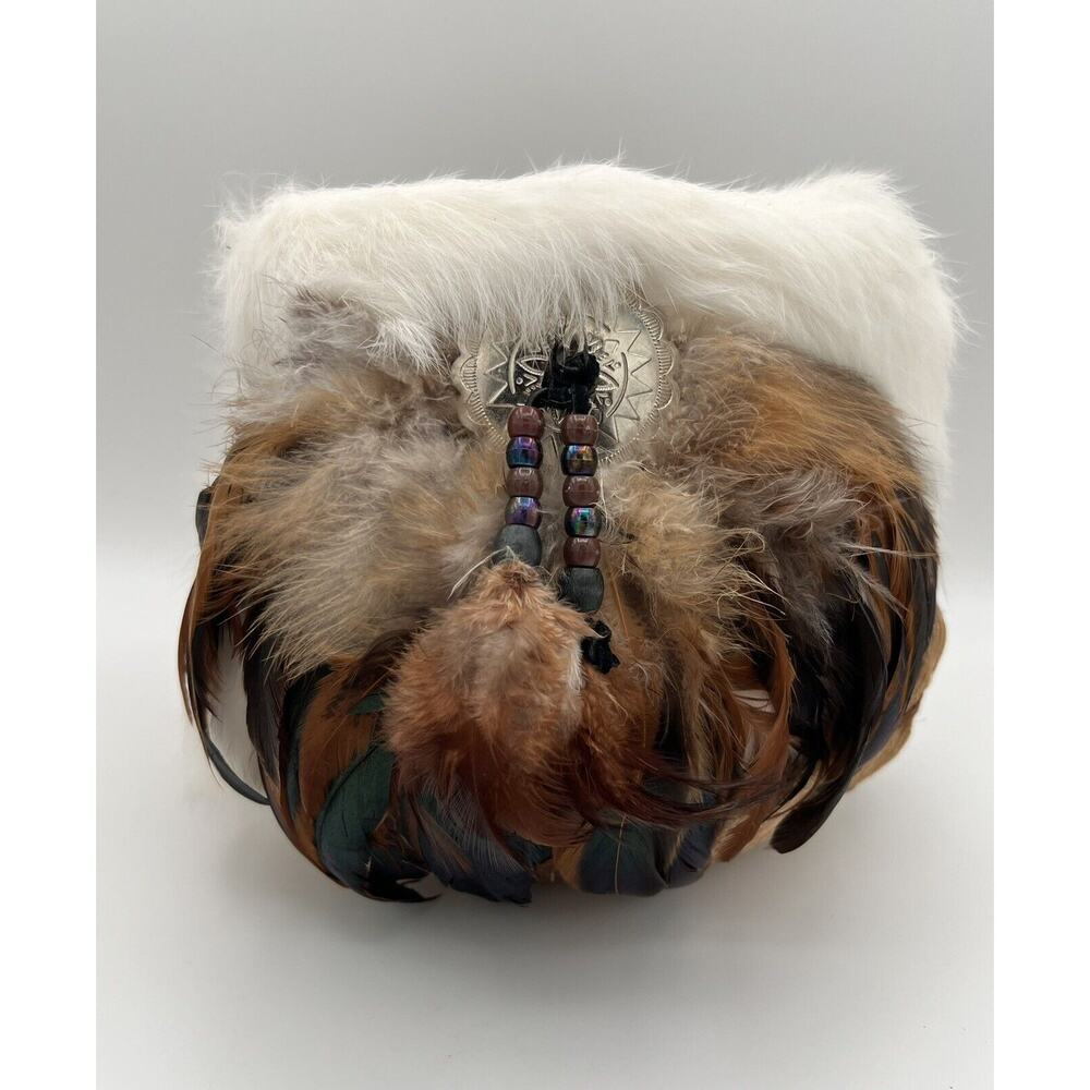 Handcrafted 7” Navajo Native American Woven Palm Basket with Feathers & Fur